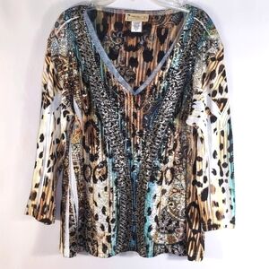 Impulse California 3/4 Sleeve Fun Multicolor Animal Print Top Size LP